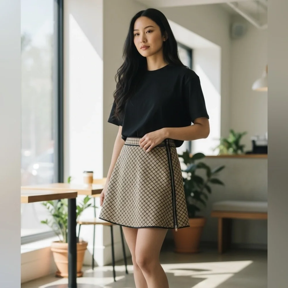 W by Worth tan black plaid a-line mini skirt with side zipper details academia